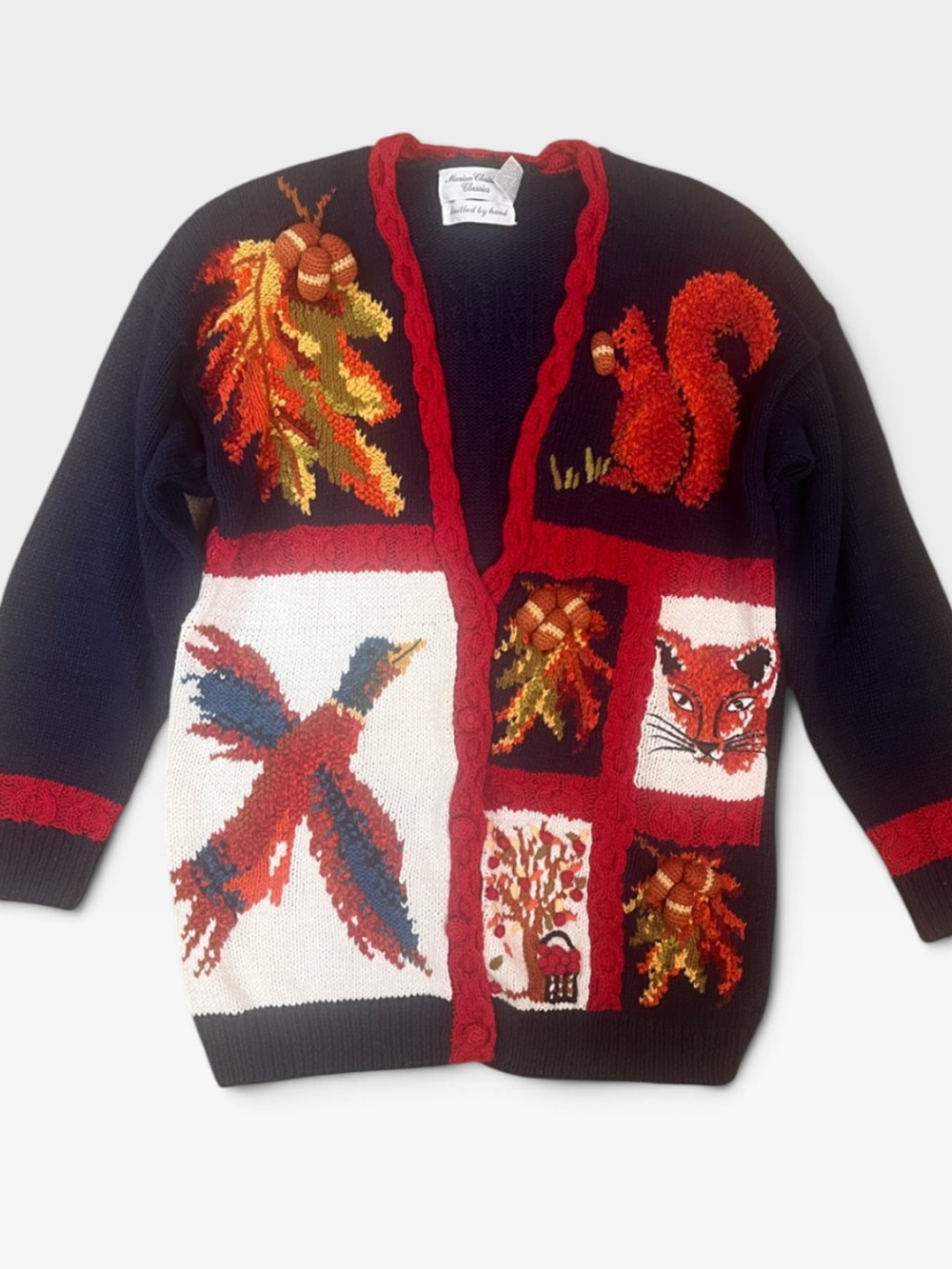 Vintage Hand Knit Fall Cardigan Sweater Medium 3D Autumn Leaves Acorns Blue Red